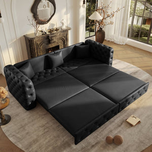 English Elm 89 Inch Convertible Faux Leather Sleeper Sofa Tufted 4 Seat Living Room Couch Black W1885S00613