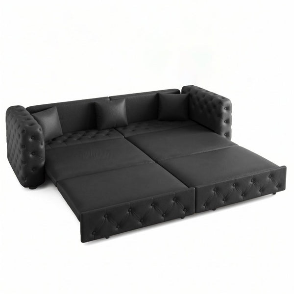 English Elm 89 Inch Convertible Faux Leather Sleeper Sofa Tufted 4 Seat Living Room Couch Black W1885S00613