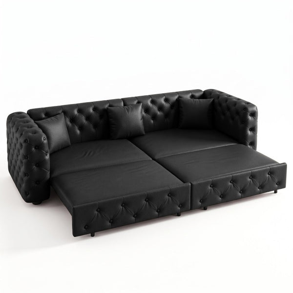English Elm 89 Inch Convertible Faux Leather Sleeper Sofa Tufted 4 Seat Living Room Couch Black W1885S00613
