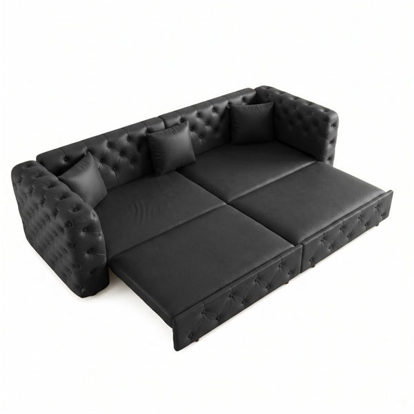 English Elm 89 Inch Convertible Faux Leather Sleeper Sofa Tufted 4 Seat Living Room Couch Black W1885S00613