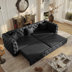 English Elm 89 Inch Convertible Faux Leather Sleeper Sofa Tufted 4 Seat Living Room Couch Black W1885S00613