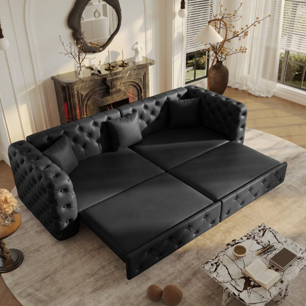 English Elm 89 Inch Convertible Faux Leather Sleeper Sofa Tufted 4 Seat Living Room Couch Black W1885S00613