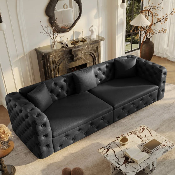 English Elm 89 Inch Convertible Faux Leather Sleeper Sofa Tufted 4 Seat Living Room Couch Black W1885S00613