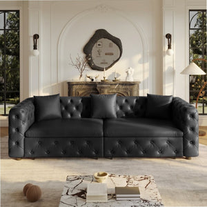 English Elm 89 Inch Convertible Faux Leather Sleeper Sofa Tufted 4 Seat Living Room Couch Black W1885S00613