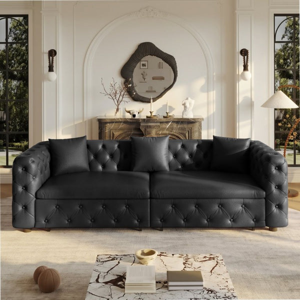 English Elm 89 Inch Convertible Faux Leather Sleeper Sofa Tufted 4 Seat Living Room Couch Black W1885S00613