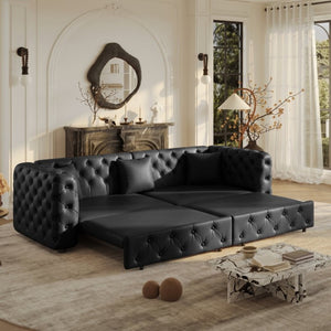 English Elm 89 Inch Convertible Faux Leather Sleeper Sofa Tufted 4 Seat Living Room Couch Black W1885S00613
