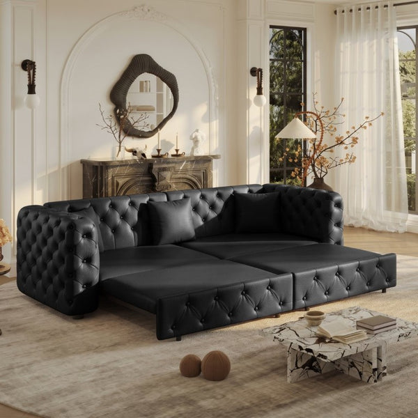 English Elm 89 Inch Convertible Faux Leather Sleeper Sofa Tufted 4 Seat Living Room Couch Black W1885S00613
