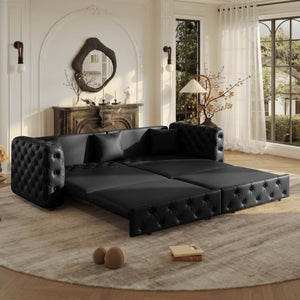 English Elm 89 Inch Convertible Faux Leather Sleeper Sofa Tufted 4 Seat Living Room Couch Black W1885S00613
