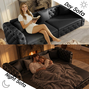 English Elm 89 Inch Convertible Faux Leather Sleeper Sofa Tufted 4 Seat Living Room Couch Black W1885S00613