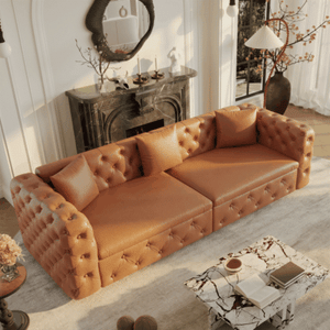 English Elm 89 Inch Convertible Faux Leather Sleeper Sofa Tufted 4 Seat Living Room Couch Brown Yellow W1885S00614