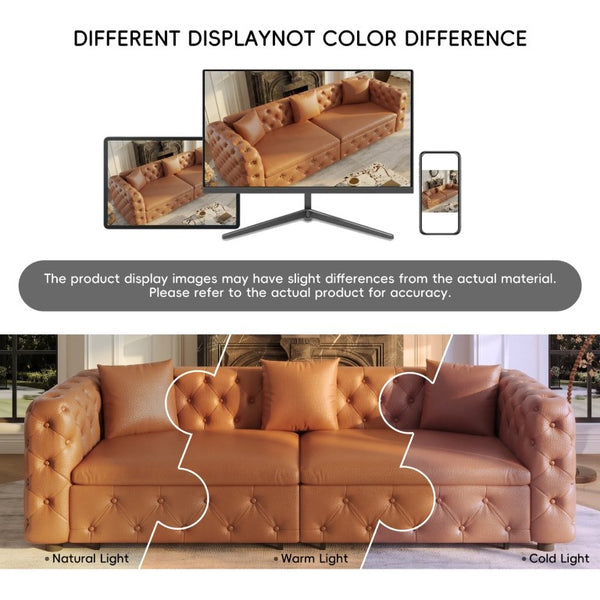 English Elm 89 Inch Convertible Faux Leather Sleeper Sofa Tufted 4 Seat Living Room Couch Brown Yellow W1885S00614