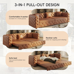 English Elm 89 Inch Convertible Faux Leather Sleeper Sofa Tufted 4 Seat Living Room Couch Brown Yellow W1885S00614