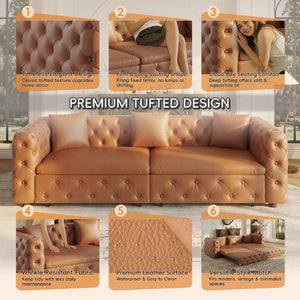 English Elm 89 Inch Convertible Faux Leather Sleeper Sofa Tufted 4 Seat Living Room Couch Brown Yellow W1885S00614