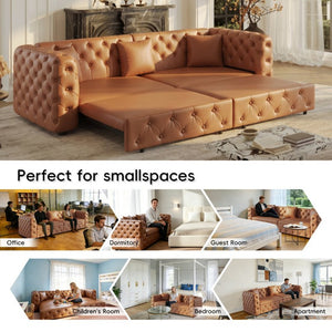 English Elm 89 Inch Convertible Faux Leather Sleeper Sofa Tufted 4 Seat Living Room Couch Brown Yellow W1885S00614