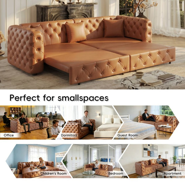 English Elm 89 Inch Convertible Faux Leather Sleeper Sofa Tufted 4 Seat Living Room Couch Brown Yellow W1885S00614