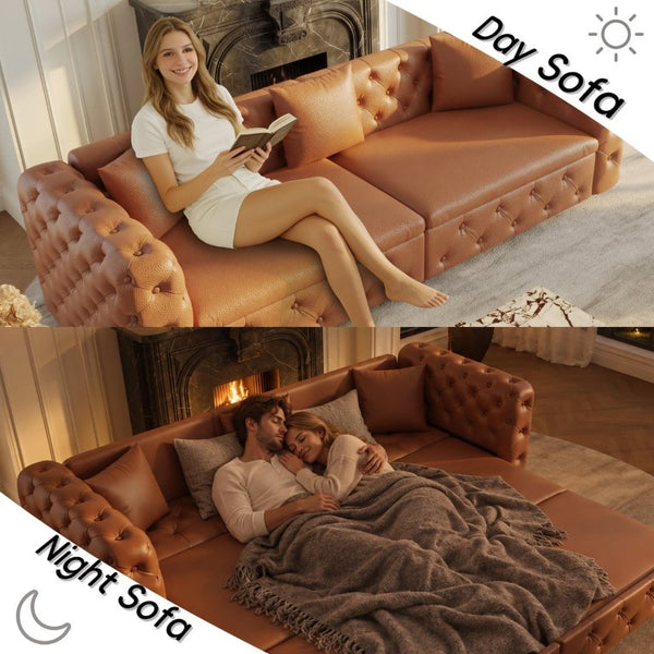 English Elm 89 Inch Convertible Faux Leather Sleeper Sofa Tufted 4 Seat Living Room Couch Brown Yellow W1885S00614