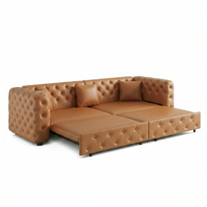 English Elm 89 Inch Convertible Faux Leather Sleeper Sofa Tufted 4 Seat Living Room Couch Brown Yellow W1885S00614