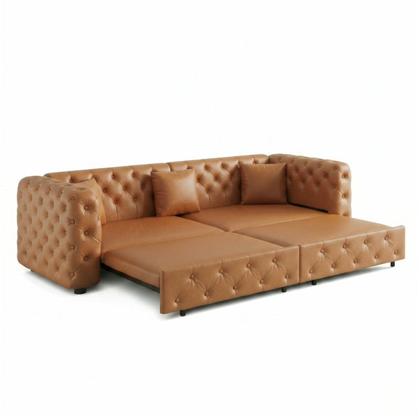 English Elm 89 Inch Convertible Faux Leather Sleeper Sofa Tufted 4 Seat Living Room Couch Brown Yellow W1885S00614