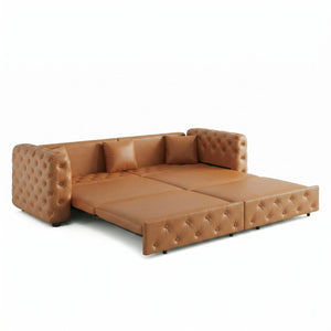 English Elm 89 Inch Convertible Faux Leather Sleeper Sofa Tufted 4 Seat Living Room Couch Brown Yellow W1885S00614