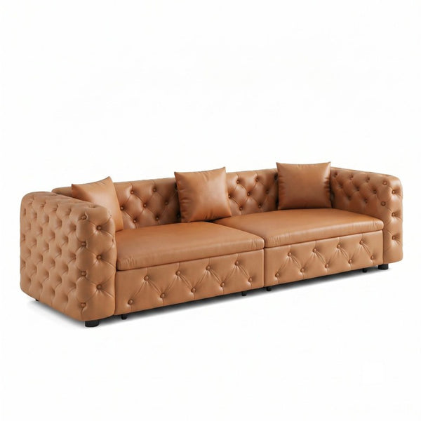 English Elm 89 Inch Convertible Faux Leather Sleeper Sofa Tufted 4 Seat Living Room Couch Brown Yellow W1885S00614