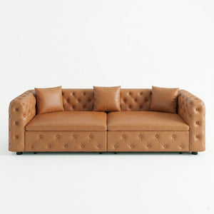 English Elm 89 Inch Convertible Faux Leather Sleeper Sofa Tufted 4 Seat Living Room Couch Brown Yellow W1885S00614