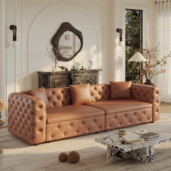 English Elm 89 Inch Convertible Faux Leather Sleeper Sofa Tufted 4 Seat Living Room Couch Brown Yellow W1885S00614