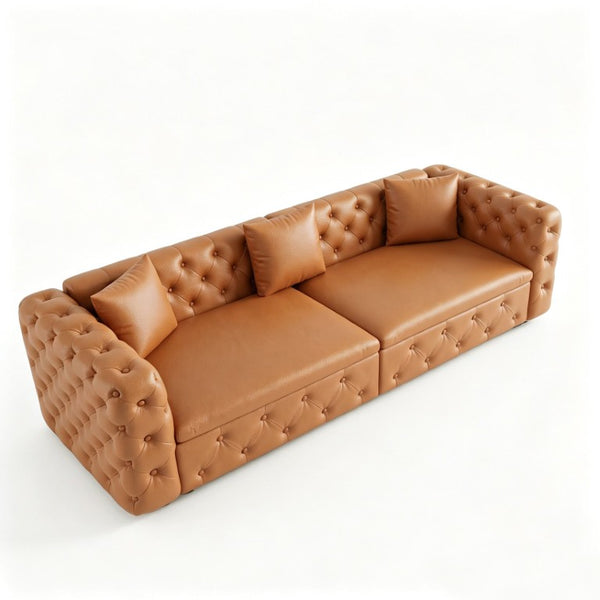 English Elm 89 Inch Convertible Faux Leather Sleeper Sofa Tufted 4 Seat Living Room Couch Brown Yellow W1885S00614