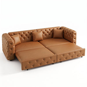 English Elm 89 Inch Convertible Faux Leather Sleeper Sofa Tufted 4 Seat Living Room Couch Brown Yellow W1885S00614