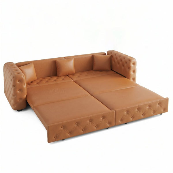 English Elm 89 Inch Convertible Faux Leather Sleeper Sofa Tufted 4 Seat Living Room Couch Brown Yellow W1885S00614