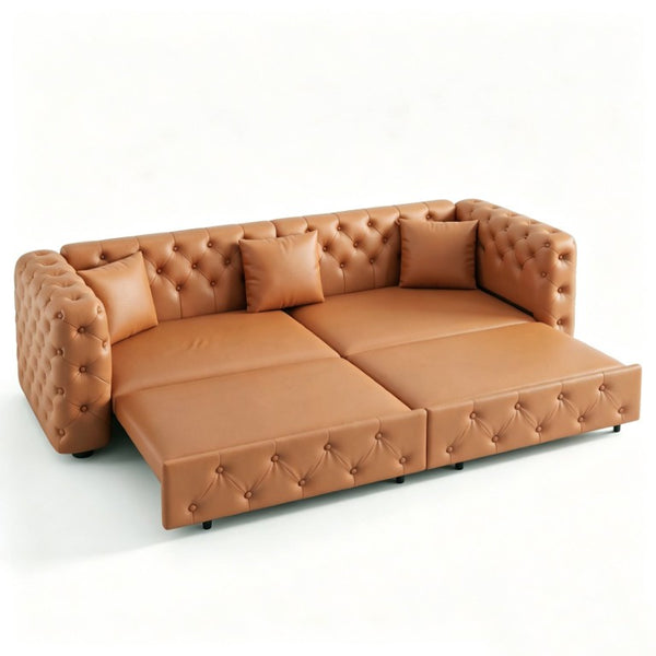 English Elm 89 Inch Convertible Faux Leather Sleeper Sofa Tufted 4 Seat Living Room Couch Brown Yellow W1885S00614
