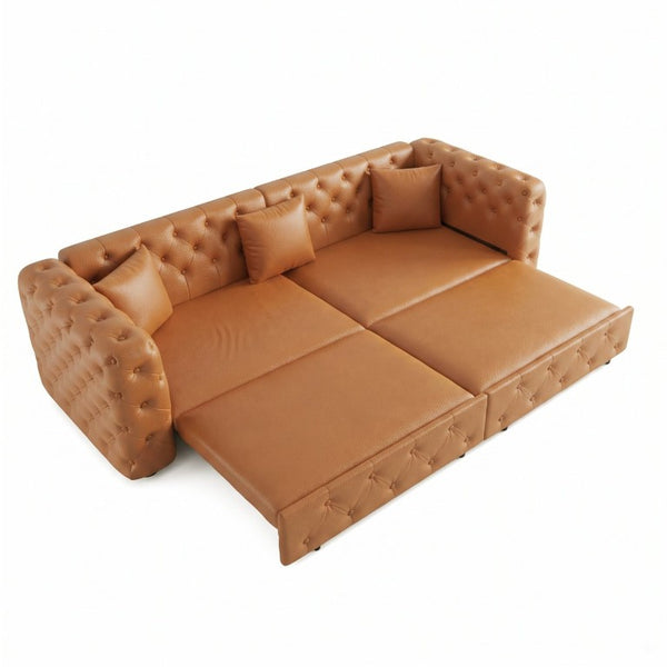 English Elm 89 Inch Convertible Faux Leather Sleeper Sofa Tufted 4 Seat Living Room Couch Brown Yellow W1885S00614