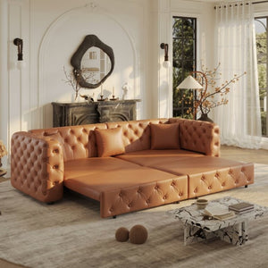 English Elm 89 Inch Convertible Faux Leather Sleeper Sofa Tufted 4 Seat Living Room Couch Brown Yellow W1885S00614