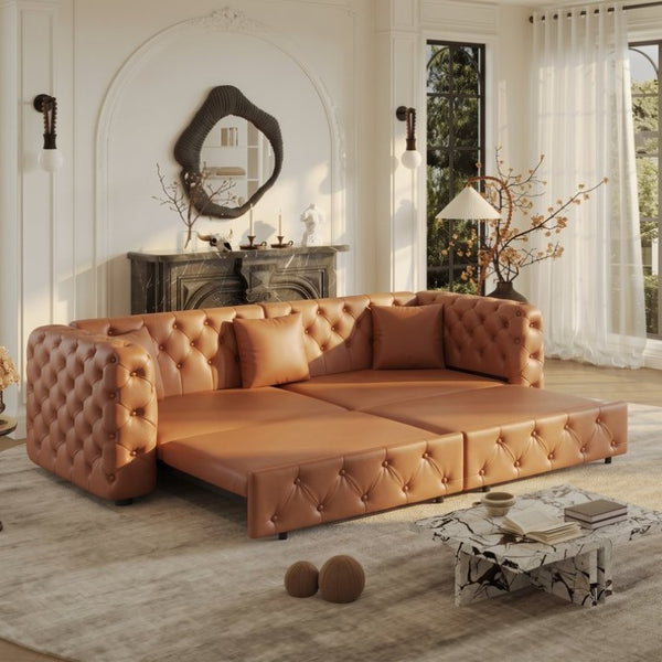 English Elm 89 Inch Convertible Faux Leather Sleeper Sofa Tufted 4 Seat Living Room Couch Brown Yellow W1885S00614