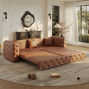 English Elm 89 Inch Convertible Faux Leather Sleeper Sofa Tufted 4 Seat Living Room Couch Brown Yellow W1885S00614