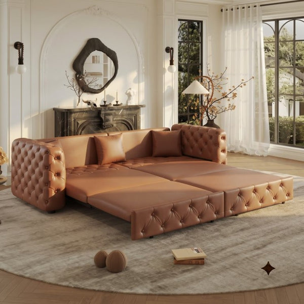 English Elm 89 Inch Convertible Faux Leather Sleeper Sofa Tufted 4 Seat Living Room Couch Brown Yellow W1885S00614