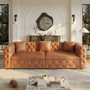 English Elm 89 Inch Convertible Faux Leather Sleeper Sofa Tufted 4 Seat Living Room Couch Brown Yellow W1885S00614