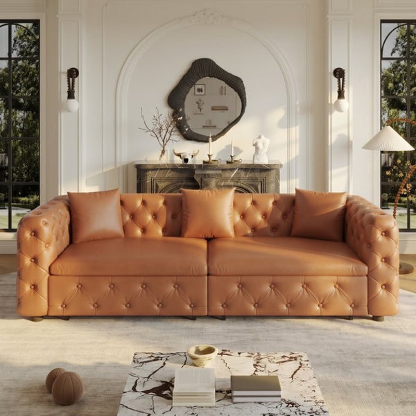 English Elm 89 Inch Convertible Faux Leather Sleeper Sofa Tufted 4 Seat Living Room Couch Brown Yellow W1885S00614