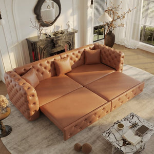 English Elm 89 Inch Convertible Faux Leather Sleeper Sofa Tufted 4 Seat Living Room Couch Brown Yellow W1885S00614