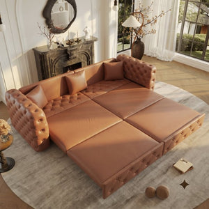 English Elm 89 Inch Convertible Faux Leather Sleeper Sofa Tufted 4 Seat Living Room Couch Brown Yellow W1885S00614