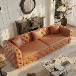 English Elm 89 Inch Convertible Faux Leather Sleeper Sofa Tufted 4 Seat Living Room Couch Brown Yellow W1885S00614