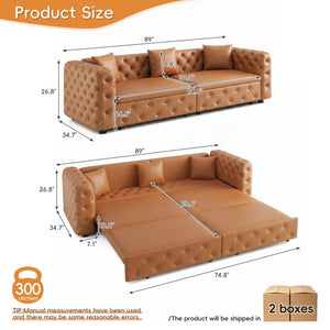 English Elm 89 Inch Convertible Faux Leather Sleeper Sofa Tufted 4 Seat Living Room Couch Brown Yellow W1885S00614