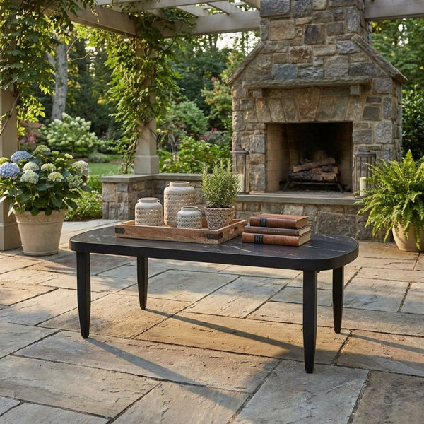 English Elm Modern Outdoor Arc Coffee Table Sintered Stone Top Aluminum Frame Patio Lounge W1886P502215