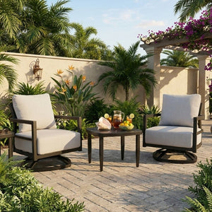 English Elm 3pc Outdoor Aluminum Swivel Chat Set Sunbrella Cushions Sintered Stone Table Patio W1886S00046