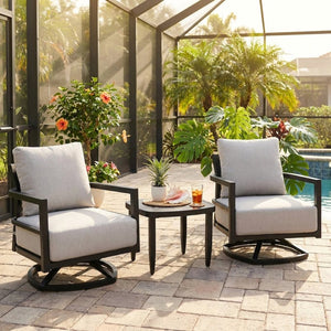 English Elm 3pc Outdoor Aluminum Swivel Chat Set Sunbrella Cushions Sintered Stone Table Patio W1886S00046