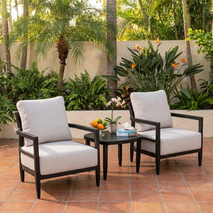 English Elm 3pc Outdoor Aluminum Chat Set with Sintered Stone Table and Sunbrella Cushions W1886S00047