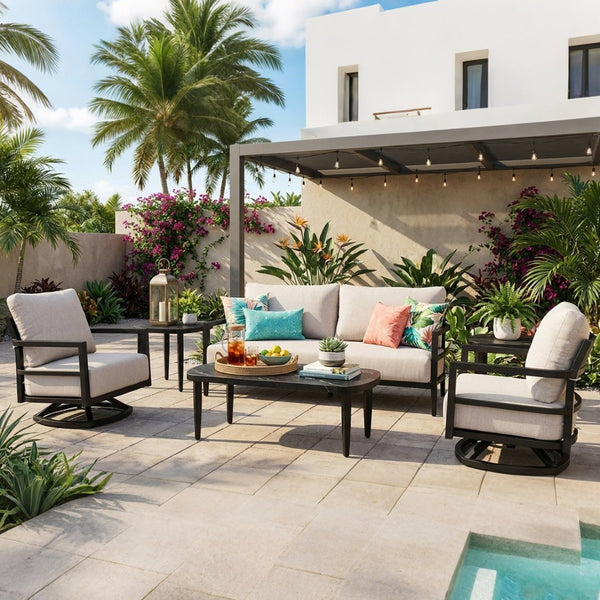 English Elm 6pc Outdoor Aluminum Conversation Set Swivel Chairs Sintered Stone Sunbrella Cushions W1886S00048