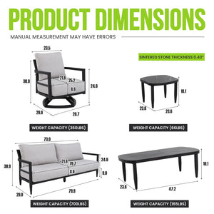 English Elm 6pc Outdoor Aluminum Conversation Set Swivel Chairs Sintered Stone Sunbrella Cushions W1886S00048