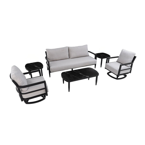 English Elm 6pc Outdoor Aluminum Conversation Set Swivel Chairs Sintered Stone Sunbrella Cushions W1886S00048