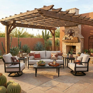 English Elm 6pc Outdoor Aluminum Conversation Set Swivel Chairs Sintered Stone Sunbrella Cushions W1886S00048