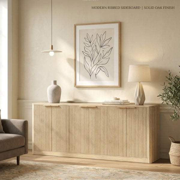 English Elm Natural Wood Farmhouse Buffet Cabinet with Slatted Doors and Adjustable Interior Shelving W1903P392630
